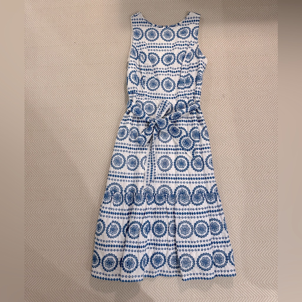 Boden Eyelet Blue And White Midi Tie-Waist Dress.